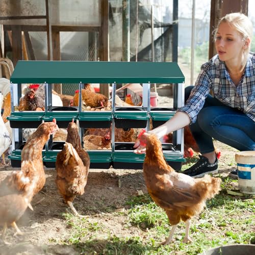 Chicken Nesting Boxes,10 Compartment Metal Roll Away Nest Box for Chicken Coop,Chickens Laying Egg, Lid Cover to Protect Eggs,Easy Egg Collection,Cleanable Pull Out Hen Roosting Boxes - color: green, size: 10 holes