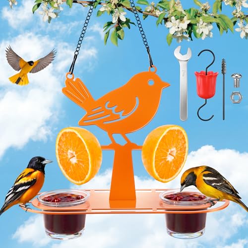 Oriole Feeder for Outdoors, Unique Bird Shaped Baltimore Oriole Feeder with 2 Jelly Cups & Orange Holder, Built-in Ant Moat, Orange Bird Feeders for Outdoors Hanging for Backyard(1 Pack)