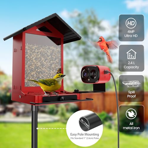 Smart Bird Feeder Camera,Vivid 2.5K Color Night Vision | Free AI Bird Identifier, Durable Squirrel-Resistant Metal Body, Solar Powered, Outdoor Gift for Mom Dad Birds Lovers - color: Red Camera