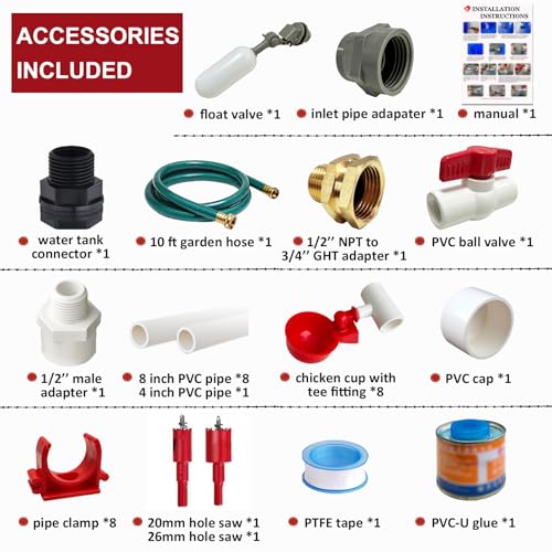 Automatic Chicken Waterer System, Complete PVC Pipeline Watering Kit | 45PCS Leak-proof Set with Chicken Cups, Float Valve & Garden Hose, Ideal Chicken Coop Accessories, No Bucket Included