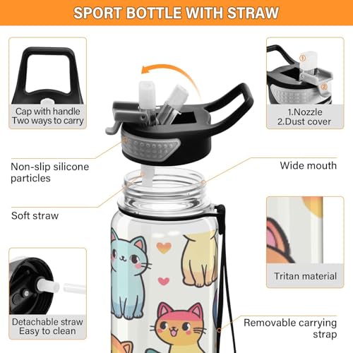 Rainbow Cute Cat 32 oz Water Bottle - Clear Tritan, BPA-Free, LeakProof with Carry Strap for Sports, Gym & Outdoor Activities - color: E483