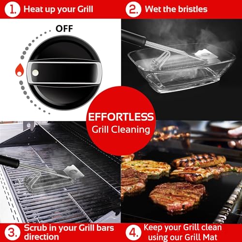 Safe Wire Grill Brush for Outdoor Grill w/Grill Scraper & Grill Mat Grill Cleaning Kit -Extended Handle BBQ Brush for Effortless Grill Cleaning Grill Cleaner Brush Barbecue Tools