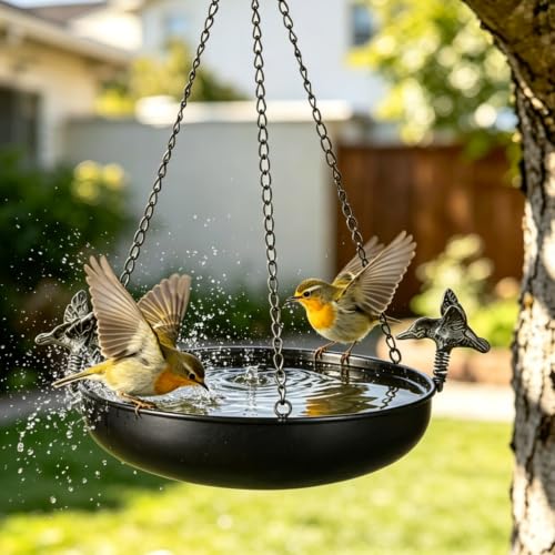 Hanging Bird Bath Feeder for Outdoor 23" H | Metal Birdbath with Cast Iron Bird Decor, Vintage Tray for Garden Yard Patio, Brown - color: Brown
