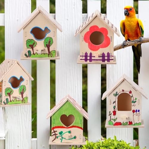 Outus 24 Pcs Wooden DIY Birdhouse Kits for Kids to Build, 4 Shapes Birdhouse Kit Wooden Unfinished with Butterfly Sticker for Boy Girl Arts Crafts(Lovely) - style: Lovely