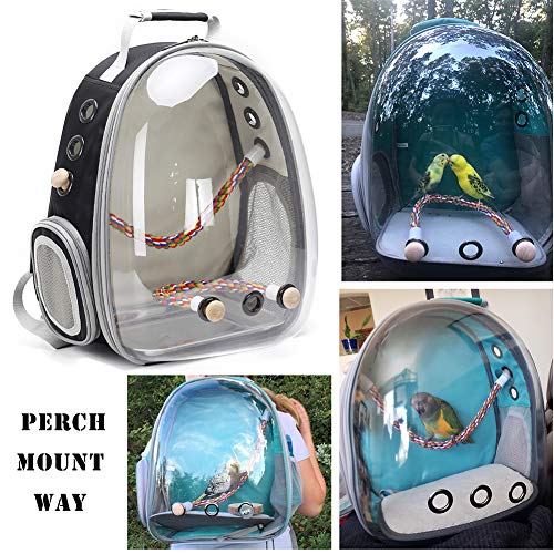 Bird Traval Carrier Cage, Clear Space Capsule Astronaut Backpack to Carry Parakeet Cockatiel Parrot with Metal Tray Bird Feeder Wood Perch, Vet Transport Bag - color: Black