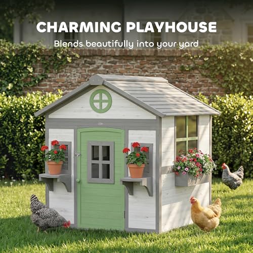 PawHut Chicken Coop for 2-4 Chickens with Nesting Box 50" x 44" x 54" White | Wooden Hen House, Outdoor Playhouse, Poultry Cage, Planter Pots and Boxes, Windows, Rabbit Hutch, Backyard Use