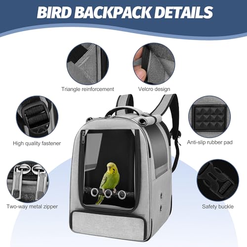 Bird Backpack Carrier,Bird Travel cage Backpack with Tray and Standing Perch,Feeding Tank,Waterproof pad,Used for Parakeets,hornbirds,Lovebirds,Small and Medium-Sized Bird - color: Grey