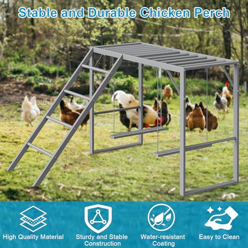 Sunexinlo Chicken Perch with Swing Set, Roosting Bars for Chickens in Coop for Pet Chickens' Health and Happiness, Metal Chicken Toys Accessories for Backyard Farms, Gray