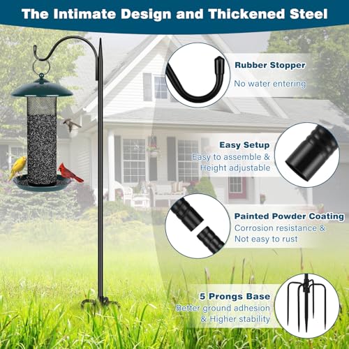 Gtongoko 63 Inch Shepherds Hooks for Outdoor with 5 Prongs Base, Adjustable Bird Feeder Pole Garden Hooks for Hanging Lanterns, Plants Baskets, Hummingbird Feeders, 1 Pack - size: 63 Inch without Baffle
