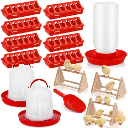 15 Pcs Chick Waterer and Feeder Kit 12-Hole Flip-top Chicken Feeders 1 L Chicken Water Dispenser 1.5 L Hanging Waterer & Feed Scoop Wooden Chicks Perch Chick Starter Kit for Poultry Brooder