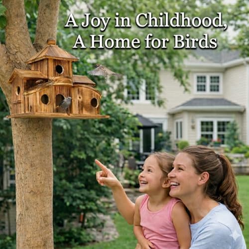 Bird Houses for Outside, 6-Hole Multi-Chamber Birdhouse for Small Birds | Cedar Wood Nesting Box, 1.22" Entrance Hole Fits Wrens & Chickadees, 11.02 x 7.08 x 9.25" Size, Garden & Backyard Placement