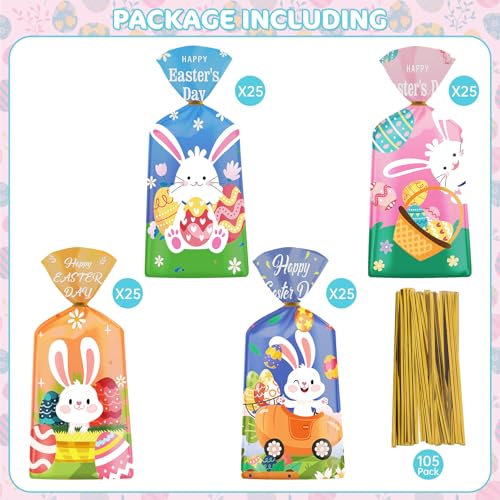 Litmitfu 100 Pcs Happy Easter Treat Bags - Cute Bunny Cellophane Goodie Bags, Plastic Happy Easters Day Cello Candy Goody Gift Bag with Twist Ties for Spring Easter Party Favor Supplies, 4 Styles - color: Easter