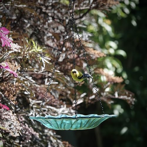 11" Recycled Glass Hanging Combination Bird Feeder and Bath for Wild Birds and Outdoor Décor, 0.625 Quart Capacity, Turquoise Dahlia Floral Design, Hanging Chains Included