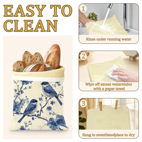 2 Pack Reusable Beeswax Blue Birds Bread Bags, Sourdough Bread Floral Branches Storage for Homemade, Freezer Storage Bag to Keep Fresh, Baguette Bag with Beeswax Liner Kitchen Baking - color: Blue Birds