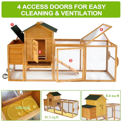 Chicken Coops for 1-2 Chickens with Wheels, Outdoor Wooden Hen House with Nesting Box, Large Rabbit Hutch, Outside Poultry House, Wire Fence Run Cages, Weatherproof for Backyard(Wooden) - size: 80.3"L x 24.2"W x 39.0"H