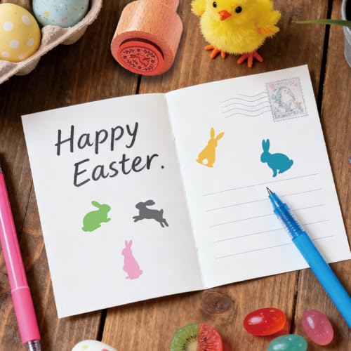 AHANDMAKER 5 Styles Egg Stamps, Rabbit Silhouette Pattern Mini Wooden Rubber Stamp Unique Easter Themed Egg Drawing Stamps for Eggs Famers and Chicken Owners Scrapbooking Card Making(No Ink Include) - style: Rabbit Silhouette