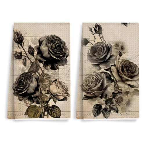 2 Pcs Vintage Black Rose Kitchen Towels, Dark Aesthetic Decorative Absorbent Microfiber Dish Cloth Tea Towel, Waffle Soft Hand Towels for Farmhouse Home Bathroom, Housewarming Gifts - color: Multi 0441