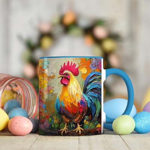Colorful Rooster Mug, 11oz Coffee Cup Vibrant Farm Animal Painting, Artistic Country Morning Gift, Bold Ceramic Drinkware for Kitchen or Office (Colorful Rooster) - color: Colorful Rooster