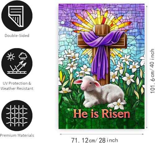 Christian Easter Garden Flags for Outside 28x40 Double Sided He Is Risen House Flag Religious Easter Lamb Decor Stained Glass Cross Flag Lily Spring Outdoor Flag Large - color: eastercross