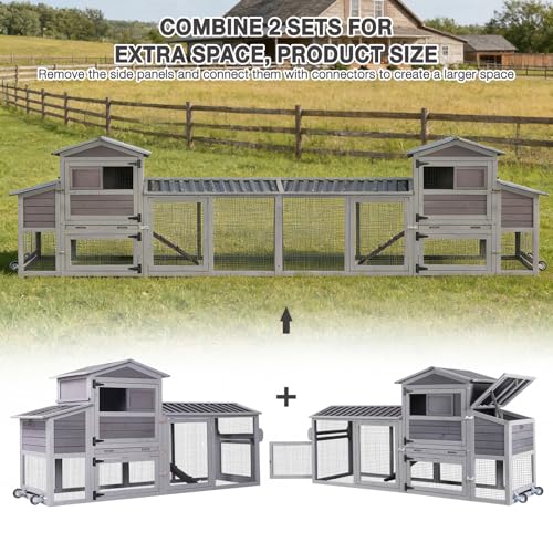 80" Large Chicken Coop on Wheels, with Run, Outdoor Wooden Hen House with Nesting Box, Leakproof Pull-Out Tray & Waterproof Roof, for 4–6 Chickens - color: Grey (AIR61)