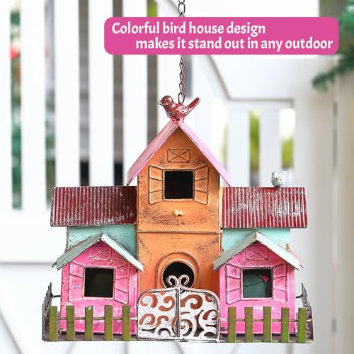 Large Bird Houses for Outside Hanging, Metal Bird Houses for Outside with 5 Compartments for Birds to Nest in, Durable Colorful Bird House 10 Hole Birdhouses for Outdoors Hanging - style: Colorful 2