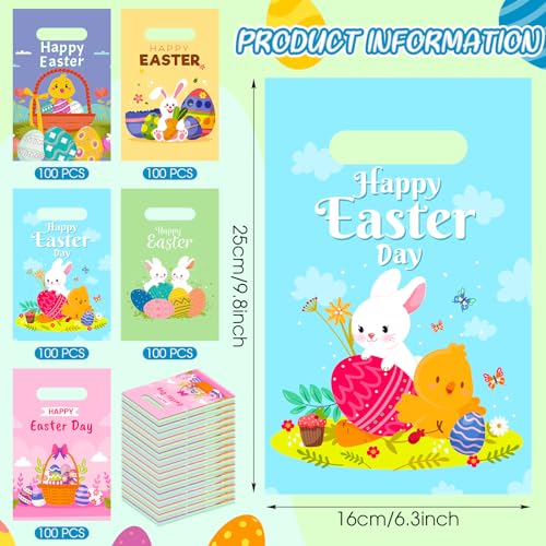 Fulmoon 500 Pieces Easter Plastic Gift Bags Bulk Easter Day Merchandise Bags with Handles Easter Party Favor Bags Rabbit Goodies Bags for Easter Party Favors Decoration