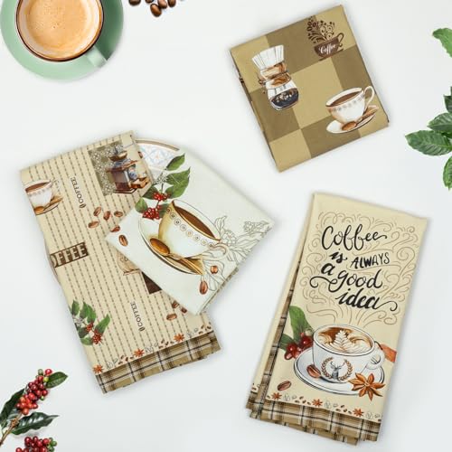 Coffee Tea Towels, 100% Cotton Kitchen Towels, Vintage, Set of 4 | 18.9 x 27.5 in / 48 x 70 cm, Lightweight Woven Dish Cloth with Coffee Print for Coffee Lovers, Hostess Gift - color: Coffee