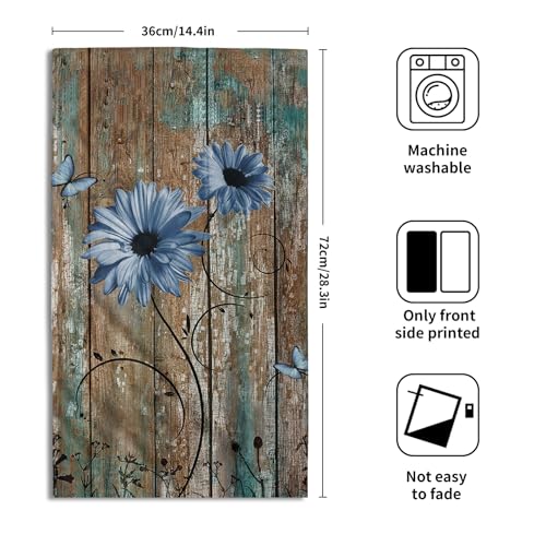 Giwawa Rustic Barn Sunflower Wooden Hand Towel 15x30 Set of 2, Fall Blue Daisy Flower Plank Fingertip Towel Retro Board Face Towel Country Barnwood Washcloth for Bathroom Farmhouse Log Cabin - color: Board Daisy Blue