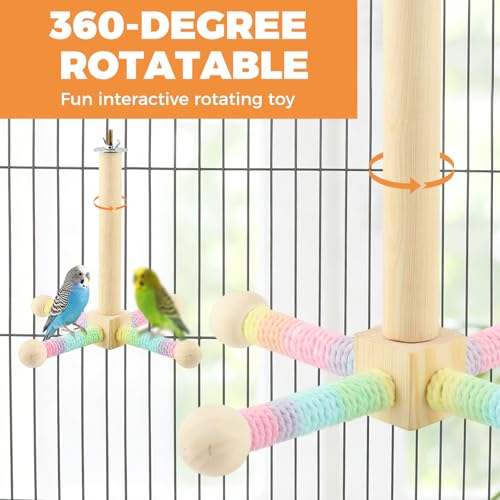 Spinning Bird Stand Perch, 360° Rotating Perch with Swing for Parrot Anxiety Relief, Wooden Bird Cage Accessories for Parakeets Budgies Cockatiels