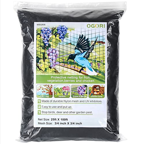 OGORI 25' x 100' Bird Netting Heavy Duty Nylon 3/4" Mesh Garden Netting Protect Fruit Trees, Plants and Vegetables - size: 25'×100'-3/4''