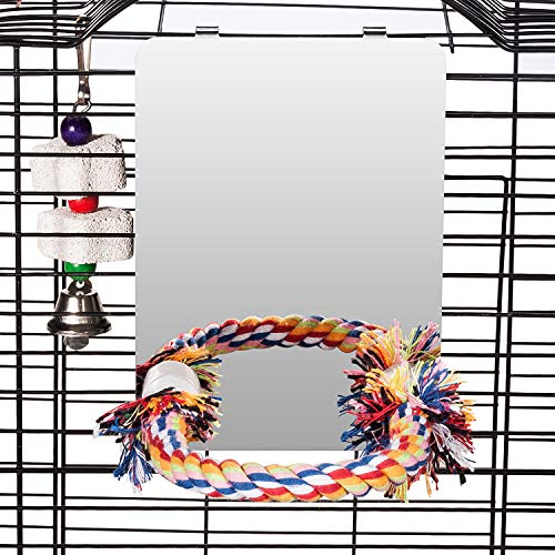 7" Bird Mirror with Rope Perch, Medium | Bird Swing, For Parakeet Budgie African Grey Conure Cockatiel Lovebird Finch Canarie, Parrot Cage Toy - size: Medium