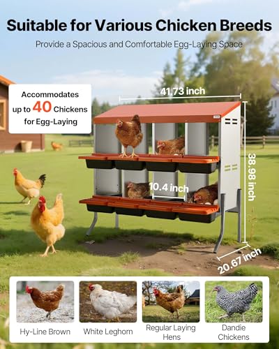 VEVOR Chicken Nesting Boxes, 8 Compartments, with Support Legs, Easy Egg Collection, Galvanized Steel and High-Strength Plastic, Roll Away Nesting Boxes for Chickens and Hens Laying Eggs, Orange - size: 41.7"L x 20.7"W x 39.0"H