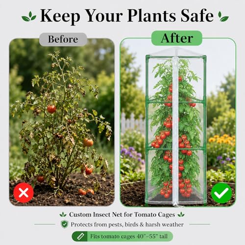 Halatool Garden Tomato Plant Cover Netting, Fits 40–55" Tomato Cages | Garden Bird Netting with Zipper & Drawstring, Insect Barrier, Plant Covers from Insects Animals, 2 Pack, 45"×15.7" - size: 45 Inch