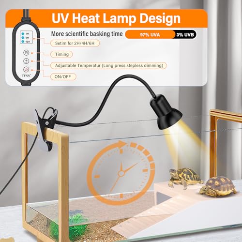 TFNN Reptile Heat Lamp, Heat Lamp with Clamp, UVA UVB Reptile Light with Intelligent Cycle Timer for Turtle, Bearded Dragon, Lizard and More, 2 Bulbs 50W+75W