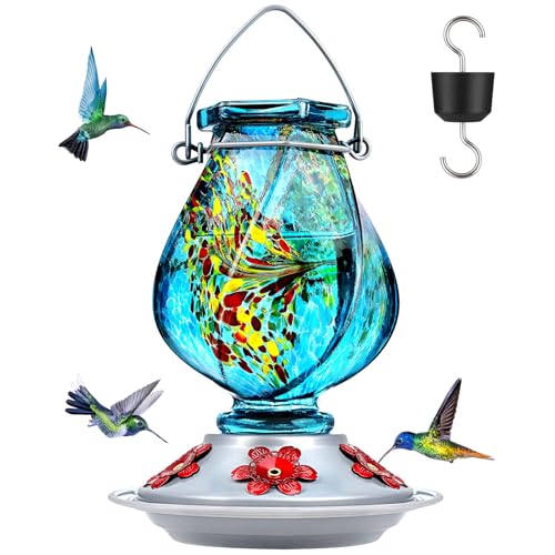 Hummingbird Feeders for Outdoors Hanging, Hand Blown, Blue, 22oz | Glass Hummingbird Feeder with Ant Moat, 5 Bee-Proof Ports, Leak-Proof, 360° Perch, Garden Decor, Gifts for Women Men Mom Dad - color: Blue
