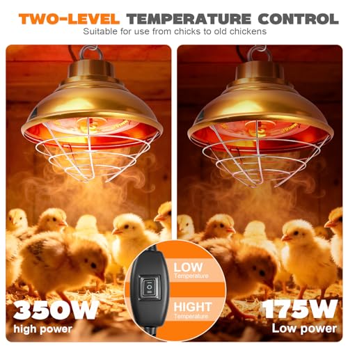 Chicken Heat Lamp 350W,Chicken Coop Heater with Carbon Fiber Bulb,Winter Hanging Heat Lamp for Chickens Brooder,Two-Temperature Adjustable (175/350W) for Puppy,Kitten and Poultry
