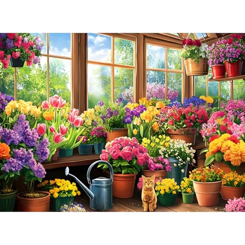 300 Piece Puzzles for Adult, Colorful Flower and Cute Cat Jigsaw Puzzles - style: Flower House