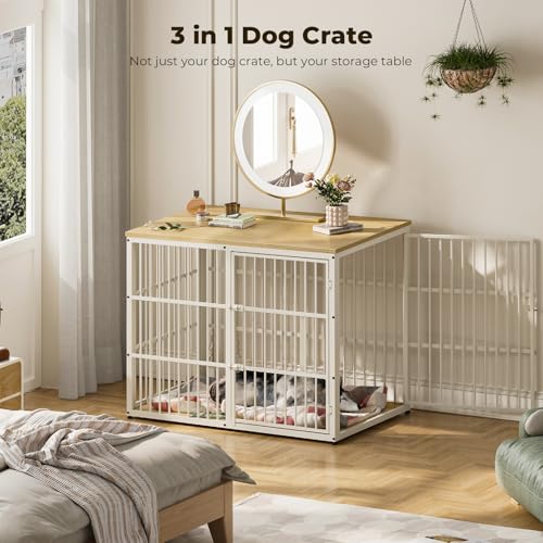 Lyromix 48'' XXL Dog Crate Furniture with 3 Doors for Large Dogs | Wooden Kennel End Table, Heavy Duty Indoor Cage for Golden Retriever Labrador, Multiple Units Can be Combined, Natural Beech - color: Natural Beech, size: 47.2"L x 29.1"W x 37.6"H