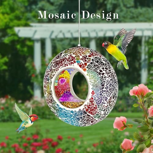 Hanging Bird Feeders for Outdoor Glass Mosaic Fly Through Wild Bird Feeder Round Shape Birdfeeder for Outside Garden Yard Patio Decoration Multicolor - color: Multicolor
