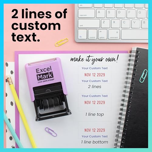 ExcelMark 2445 Date Stamp with Text - Blue and Red Ink (Violet Mount, Custom) - color: Violet Mount, size: Custom