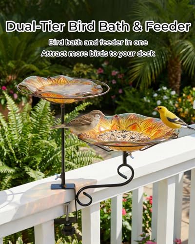 Glass Deck Mounted Bird Bath with Feeder for Balcony Yellow | Adjustable Clamp Fits Various Railings, 11" Bowl for Bird Lovers on Patios & Small Outdoor Spaces, Easy Setup, Great Gift