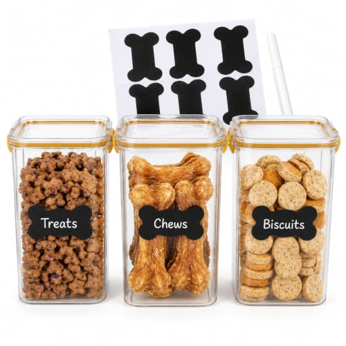 3Pack Pet Food Storage Containers, Airtight Dog Food Storage Container with Locking Clips, Dog Treat Container with a Stickers & Pen for Customizing, for Pet,Bird Seeds,Dog & Cat Treats(Golden) - color: Golden