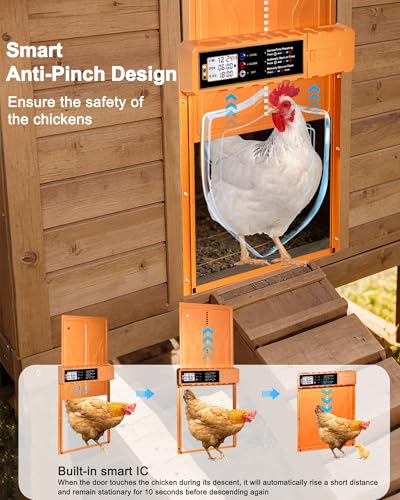 Automatic Chicken Coop Door Solar Powered/USB Charging, 14.3″ x 10.9″ | Orange Auto Chicken Door with Secure Hidden Cable Slot, Anti-Pinch & Aluminum Alloy, LCD Timer & Remote Control,