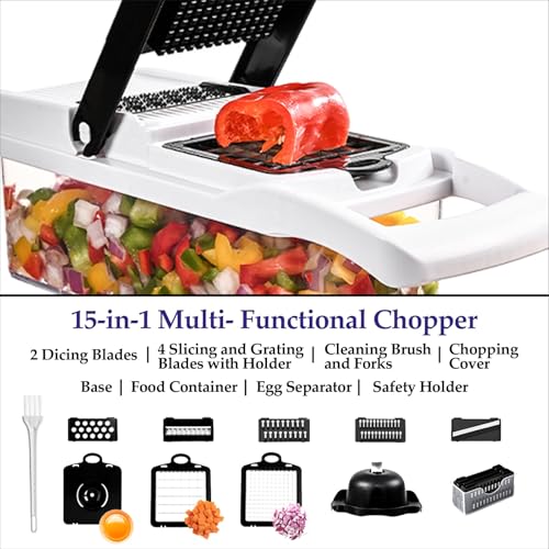 Vegetable Cutter 12-in-1, Multi-Purpose Vegetable Slicer and Chopper with 7 Interchangeable Blades, Container, Egg Separator, Hand Protector & Cleaning Brush – Vegetable Choppers & Salad Cutter