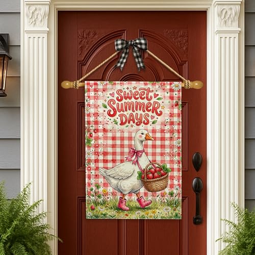 Goose House Flag, Summer Playful Strawberries Basket Summer Red Double Sided Burlap Front Porch Decorative Flags for Outdoor Patio Yard Lawn Entrance Balcony 28x40 Inch - size: 28x40 Inch