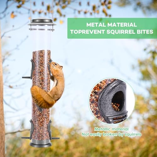 1PK Metal Bird Feeders with 6 Feeding Ports,Tube Bird Feeder with Steel Hanger,Hard Plastic Wild Bird Feeder for Outdoors Hanging, Attracting Birds in Your Lawn, Garden, Balcony-Grey - color: Grey 1 PACK