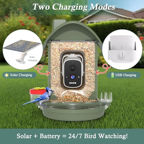 Bird Feeder with Camera, 3K Smart Bird Camera with AI Identification & Bird Bath, Solar Powered Wireless Outdoor Bird House with Spill-Proof Net, Ideal Backyard Watching Gift to Bird Lovers - color: Navy Green