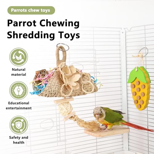 Parrot Chew Toys Set - Natural Wood & Loofah Toys with Plant-Based Dyes, 3 Pack Bird Chew Toys for Cockatiels, Conures & Small Parrots for Cage Enrichment (3 Pieces of Green Series) - color: 3 pieces of green series