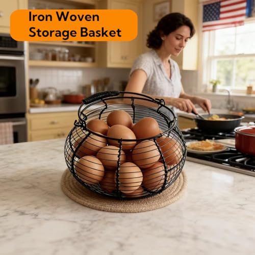 Wire Egg Basket for Gathering Fresh Eggs with Handle | Metal Egg Holder Countertop | Farm Fresh Egg Collecting Basket and Storage Holder | Suitable for Kitchen, Countertop and Farm