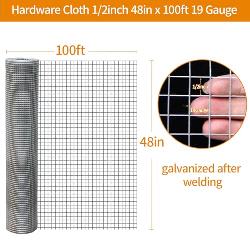 Gartist 1/2 in 48"x100' Hardware Cloth – Hot-Dip Galvanized After Welding, 19GA Chicken Wire Fencing Roll for Snake, Raccoon & Fox Prevention - size: 19G 1/2 48"x100'